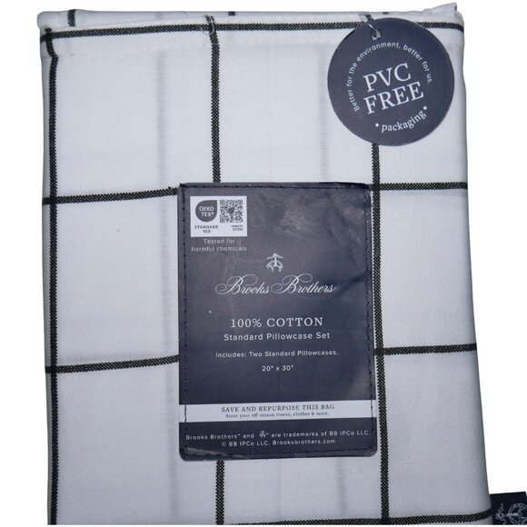 BROOKS BROTHERS 2 Pack 100% Cotton Pillowcases Windowpane Plaid in White and Nav - Picture 3 of 7